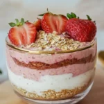 Strawberry cheesecake overnight oats in mason jar