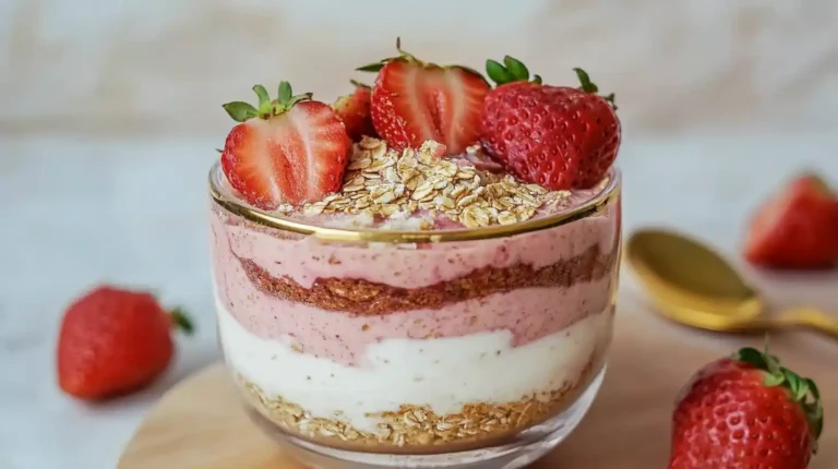 Strawberry cheesecake overnight oats in mason jar
