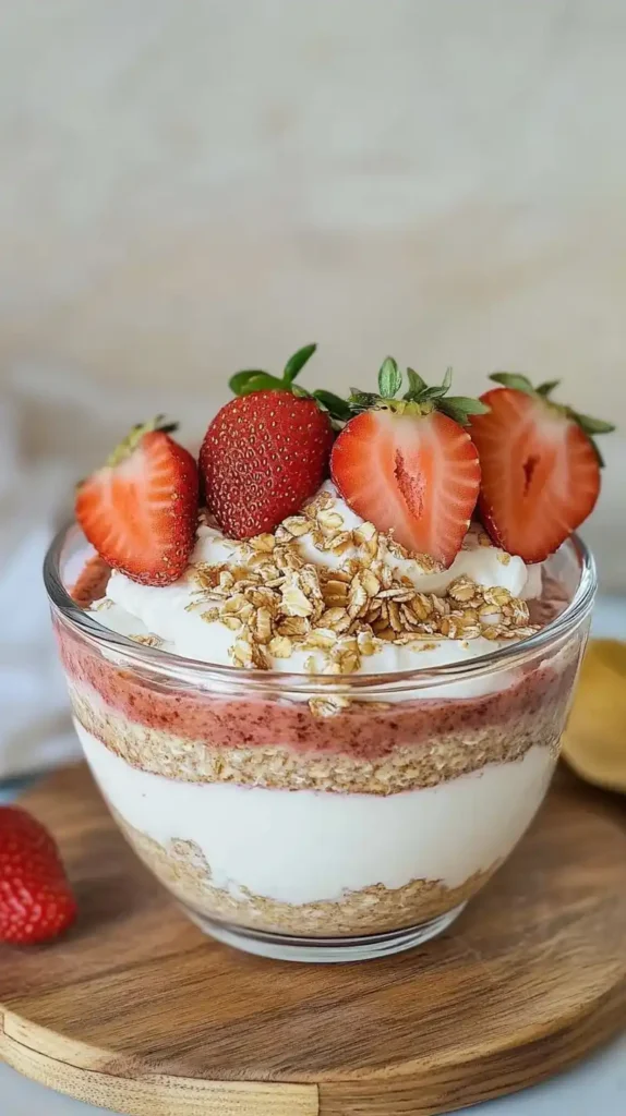 Layering strawberry cheesecake overnight oats in jar
