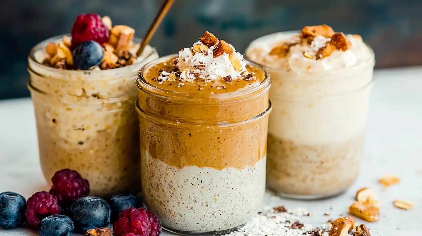 Blended overnight oats in a jar with berries and honey