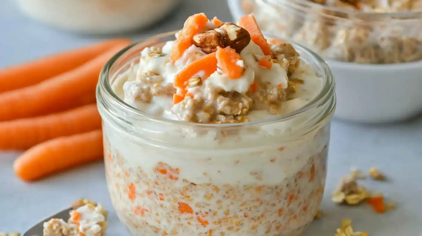 carrot cake overnight oats in jar with toppings