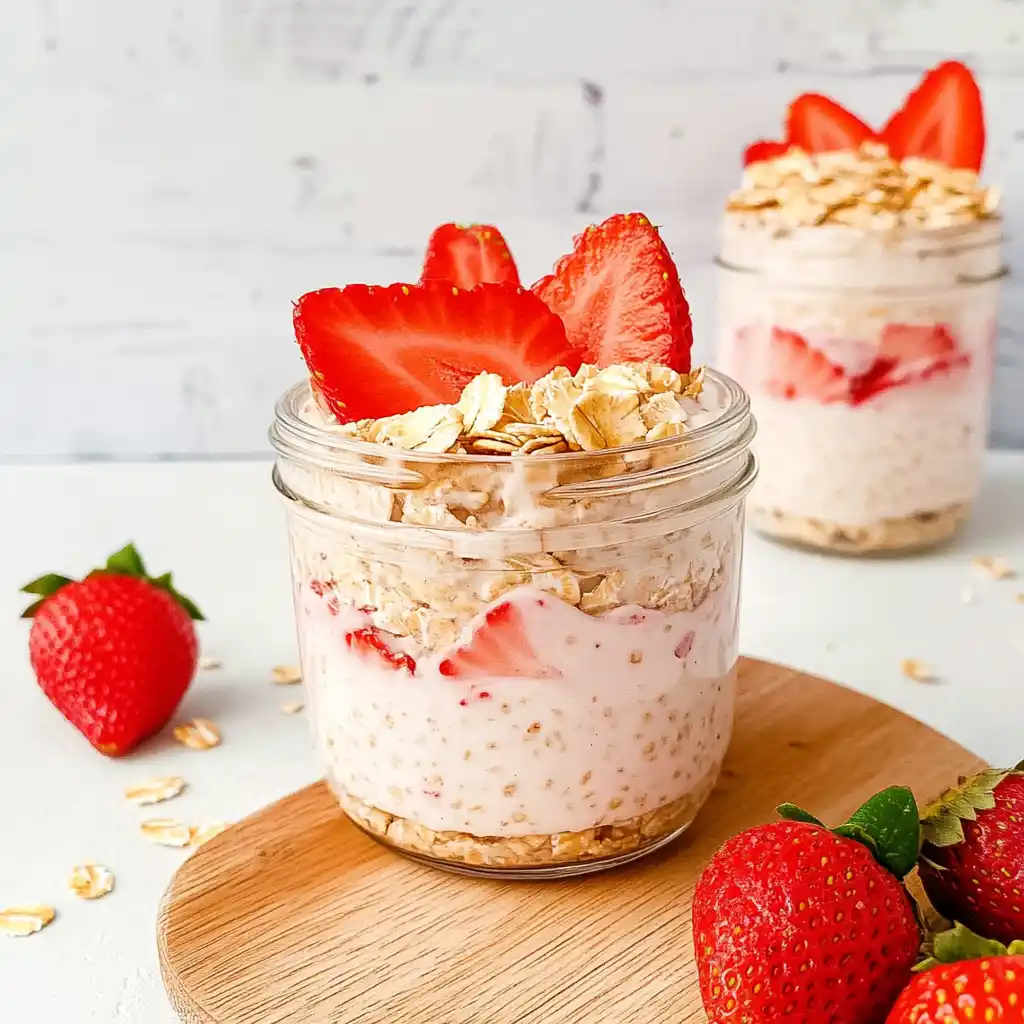 strawberry chocolate overnight oats in mason jar