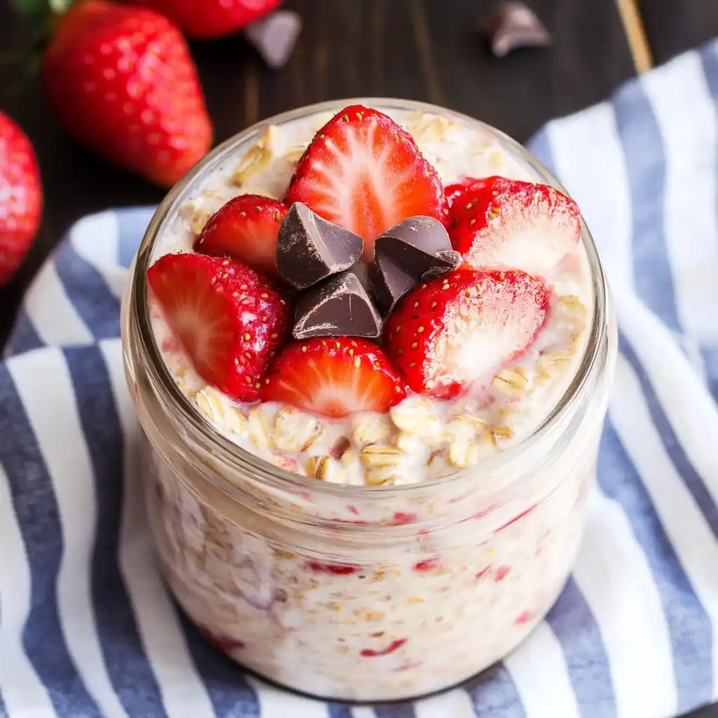 served strawberry chocolate overnight oats with toppings