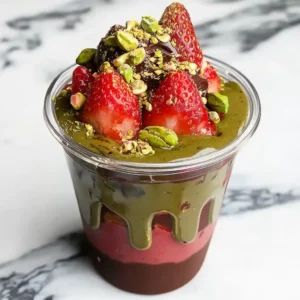Strawberry Dubai chocolate cup with pistachio drizzle