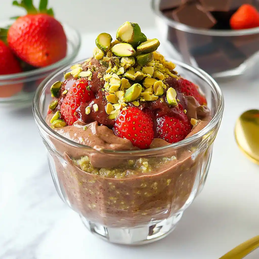 Strawberry Dubai chocolate cup with layered ganache and fresh strawberries