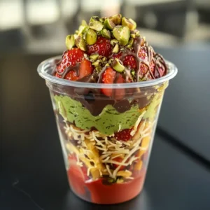 Strawberry chocolate cup with pistachio drizzle and kunafa in clear plastic